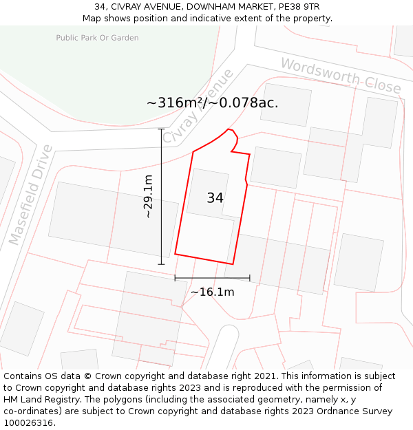 34, CIVRAY AVENUE, DOWNHAM MARKET, PE38 9TR: Plot and title map