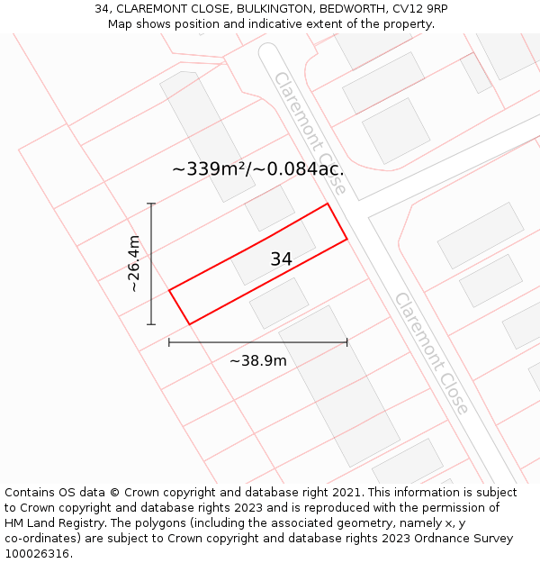 34, CLAREMONT CLOSE, BULKINGTON, BEDWORTH, CV12 9RP: Plot and title map