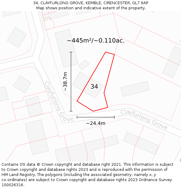 34, CLAYFURLONG GROVE, KEMBLE, CIRENCESTER, GL7 6AP: Plot and title map