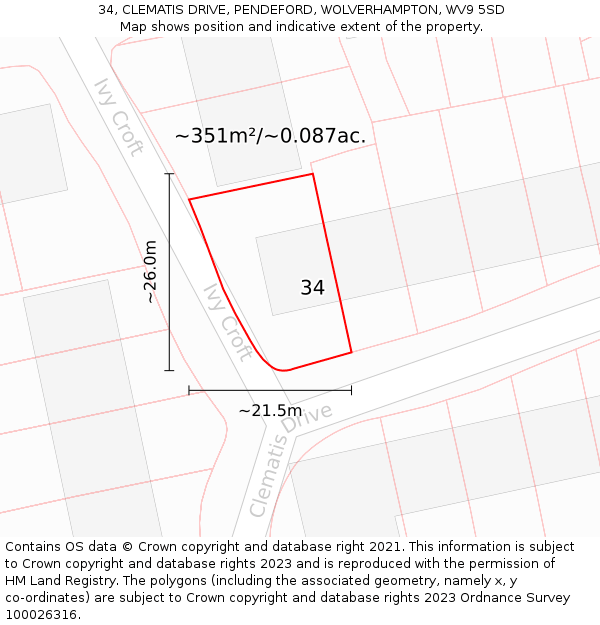 34, CLEMATIS DRIVE, PENDEFORD, WOLVERHAMPTON, WV9 5SD: Plot and title map