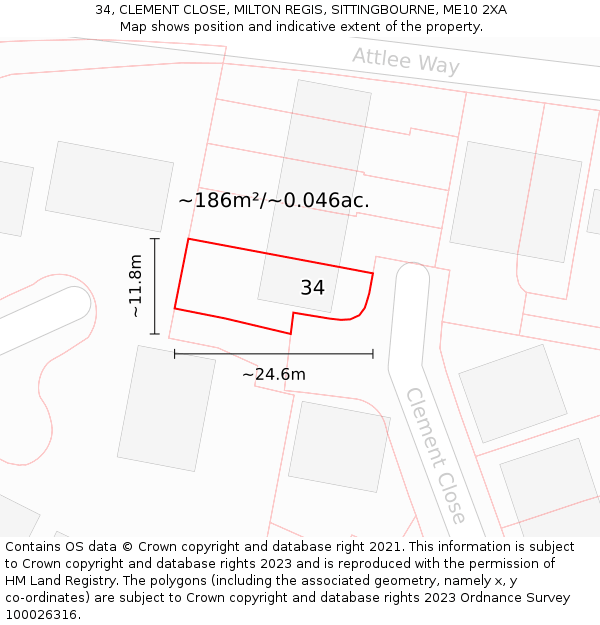 34, CLEMENT CLOSE, MILTON REGIS, SITTINGBOURNE, ME10 2XA: Plot and title map