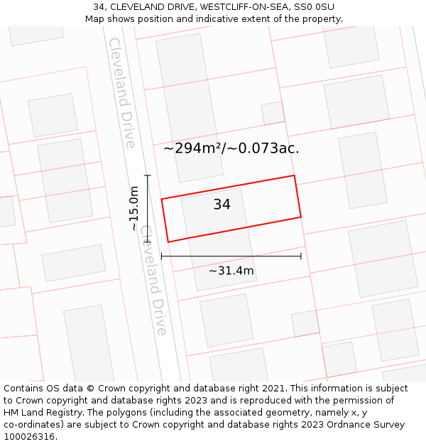 34, CLEVELAND DRIVE, WESTCLIFF-ON-SEA, SS0 0SU: Plot and title map