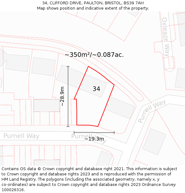 34, CLIFFORD DRIVE, PAULTON, BRISTOL, BS39 7AH: Plot and title map