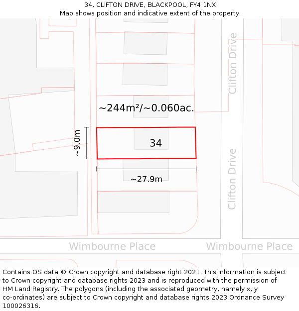 34, CLIFTON DRIVE, BLACKPOOL, FY4 1NX: Plot and title map