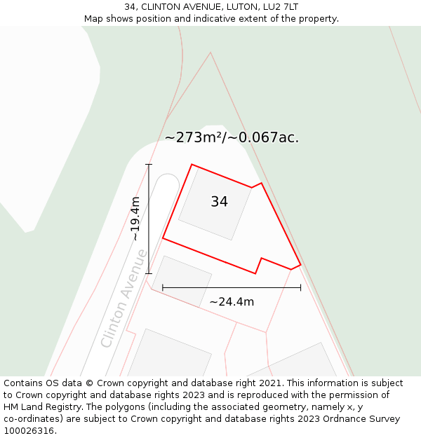 34, CLINTON AVENUE, LUTON, LU2 7LT: Plot and title map