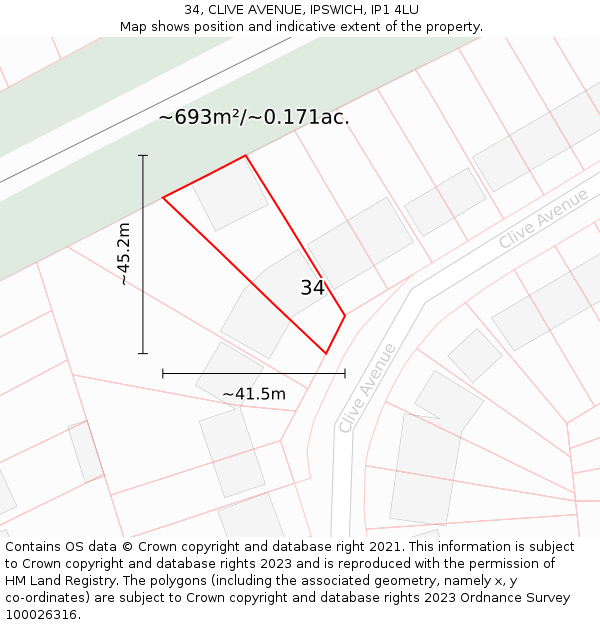 34, CLIVE AVENUE, IPSWICH, IP1 4LU: Plot and title map