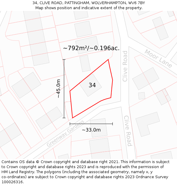 34, CLIVE ROAD, PATTINGHAM, WOLVERHAMPTON, WV6 7BY: Plot and title map