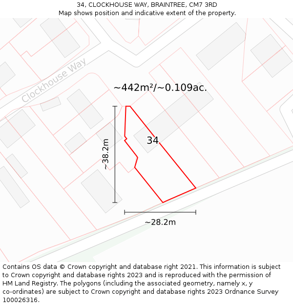 34, CLOCKHOUSE WAY, BRAINTREE, CM7 3RD: Plot and title map