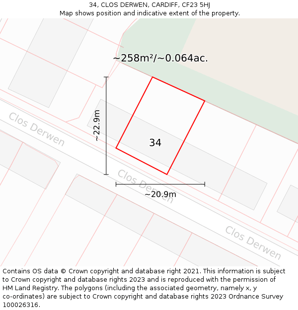 34, CLOS DERWEN, CARDIFF, CF23 5HJ: Plot and title map