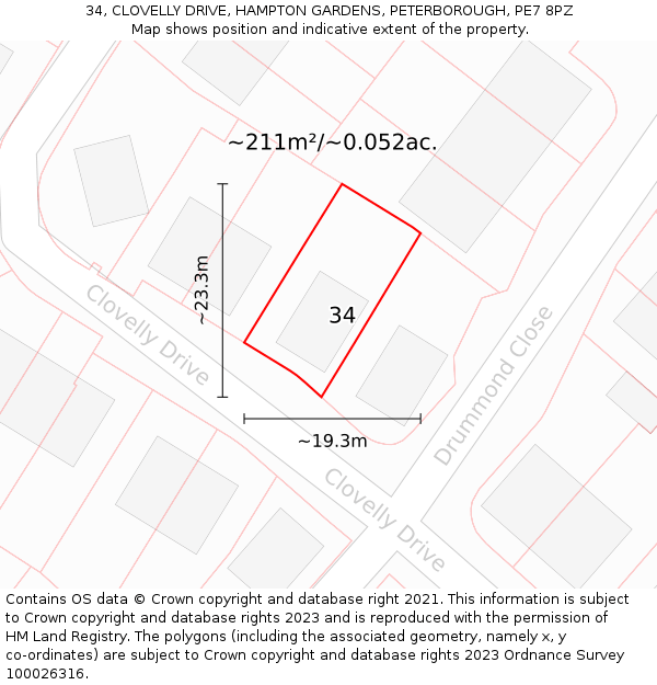 34, CLOVELLY DRIVE, HAMPTON GARDENS, PETERBOROUGH, PE7 8PZ: Plot and title map