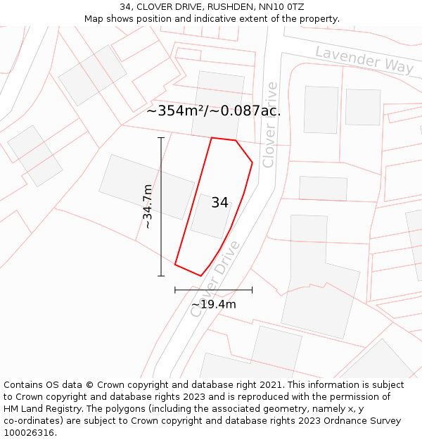34, CLOVER DRIVE, RUSHDEN, NN10 0TZ: Plot and title map