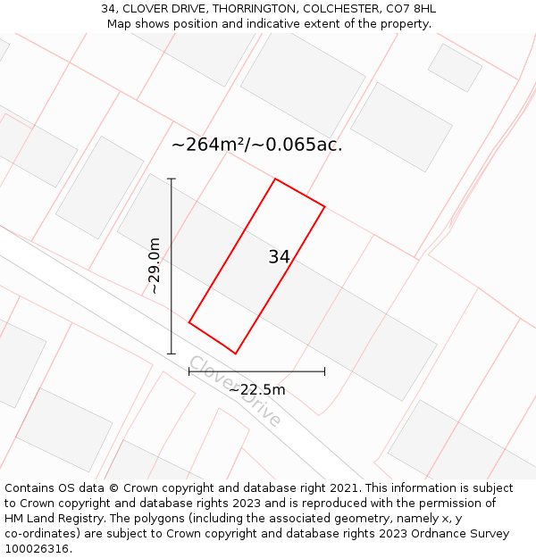 34, CLOVER DRIVE, THORRINGTON, COLCHESTER, CO7 8HL: Plot and title map