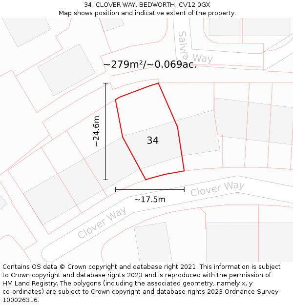 34, CLOVER WAY, BEDWORTH, CV12 0GX: Plot and title map