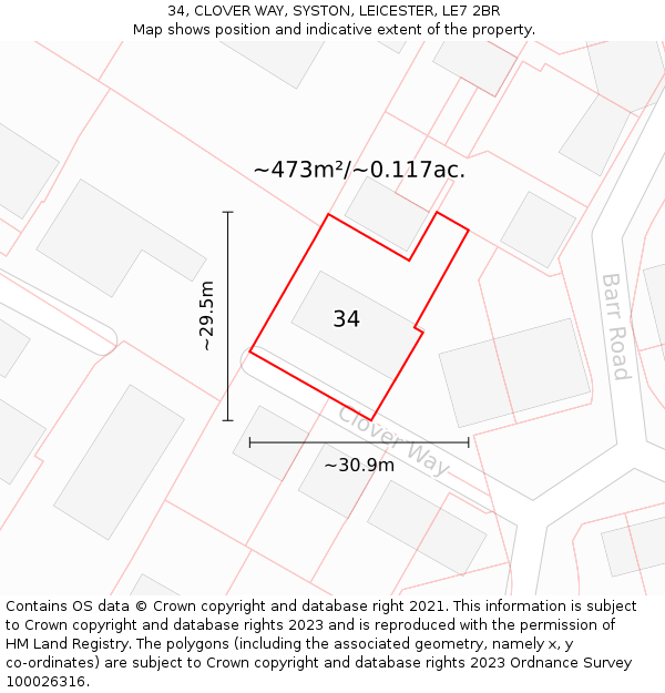 34, CLOVER WAY, SYSTON, LEICESTER, LE7 2BR: Plot and title map