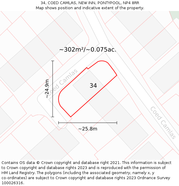 34, COED CAMLAS, NEW INN, PONTYPOOL, NP4 8RR: Plot and title map