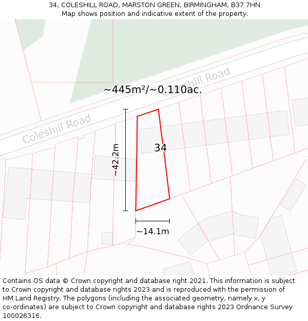 34, COLESHILL ROAD, MARSTON GREEN, BIRMINGHAM, B37 7HN: Plot and title map