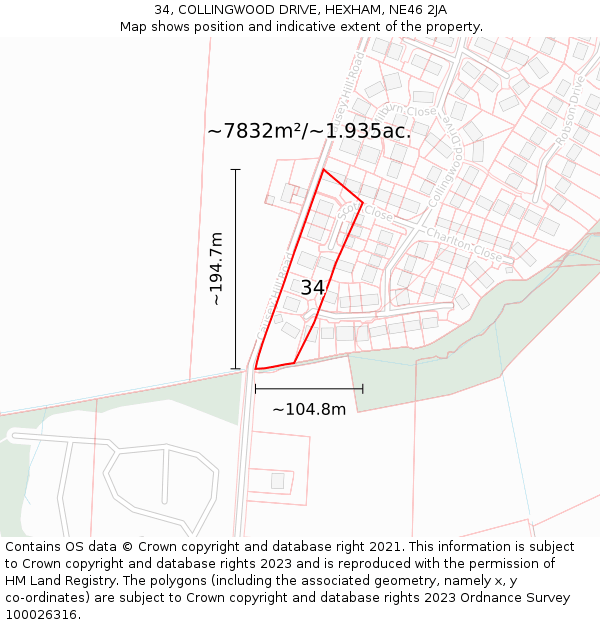 34, COLLINGWOOD DRIVE, HEXHAM, NE46 2JA: Plot and title map