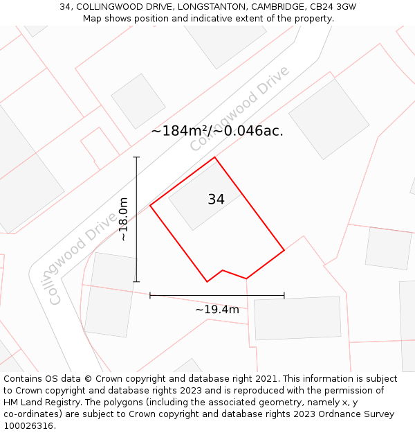 34, COLLINGWOOD DRIVE, LONGSTANTON, CAMBRIDGE, CB24 3GW: Plot and title map