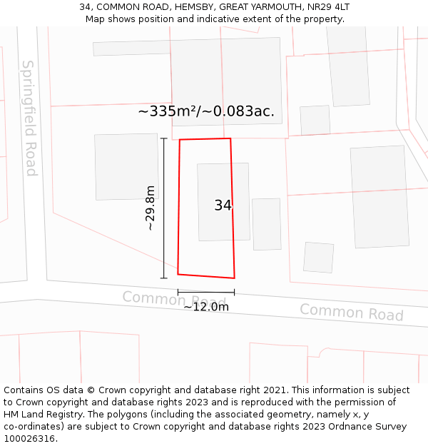 34, COMMON ROAD, HEMSBY, GREAT YARMOUTH, NR29 4LT: Plot and title map