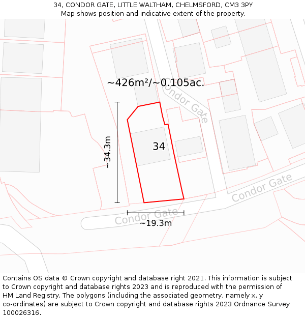 34, CONDOR GATE, LITTLE WALTHAM, CHELMSFORD, CM3 3PY: Plot and title map