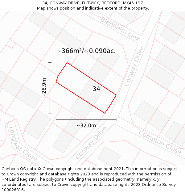 34, CONWAY DRIVE, FLITWICK, BEDFORD, MK45 1SZ: Plot and title map