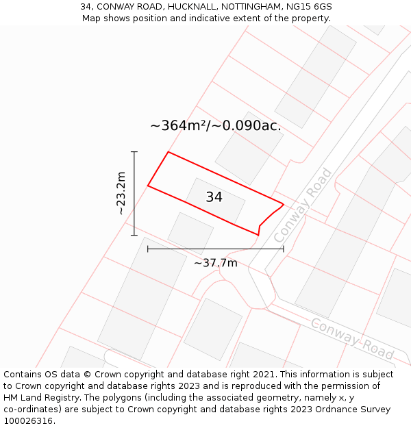 34, CONWAY ROAD, HUCKNALL, NOTTINGHAM, NG15 6GS: Plot and title map