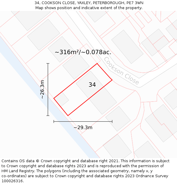 34, COOKSON CLOSE, YAXLEY, PETERBOROUGH, PE7 3WN: Plot and title map
