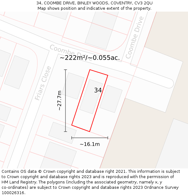 34, COOMBE DRIVE, BINLEY WOODS, COVENTRY, CV3 2QU: Plot and title map