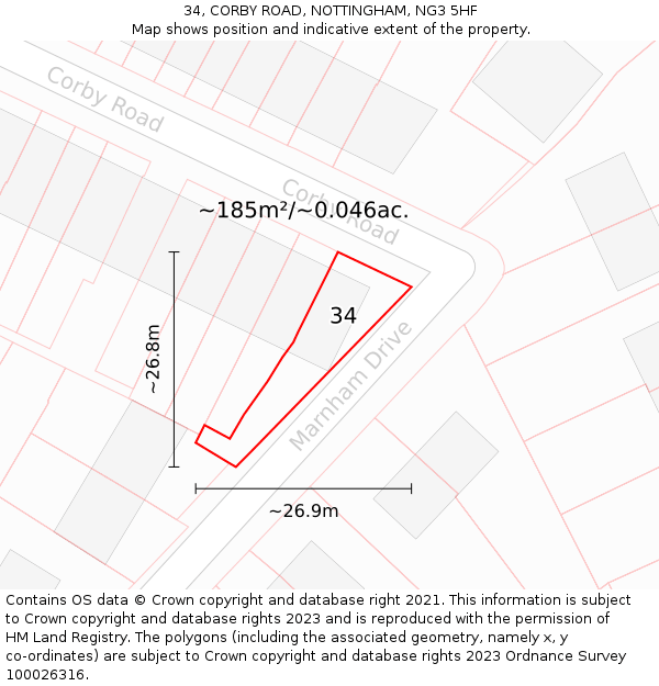 34, CORBY ROAD, NOTTINGHAM, NG3 5HF: Plot and title map
