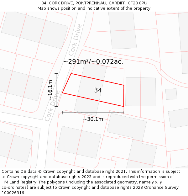 34, CORK DRIVE, PONTPRENNAU, CARDIFF, CF23 8PU: Plot and title map