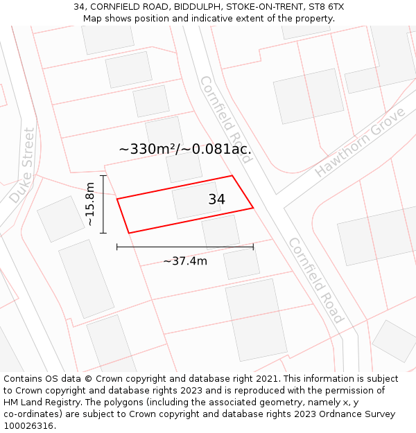34, CORNFIELD ROAD, BIDDULPH, STOKE-ON-TRENT, ST8 6TX: Plot and title map