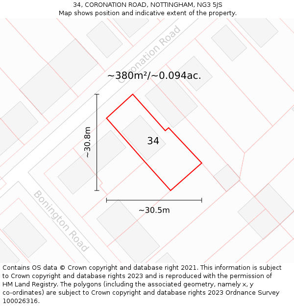 34, CORONATION ROAD, NOTTINGHAM, NG3 5JS: Plot and title map