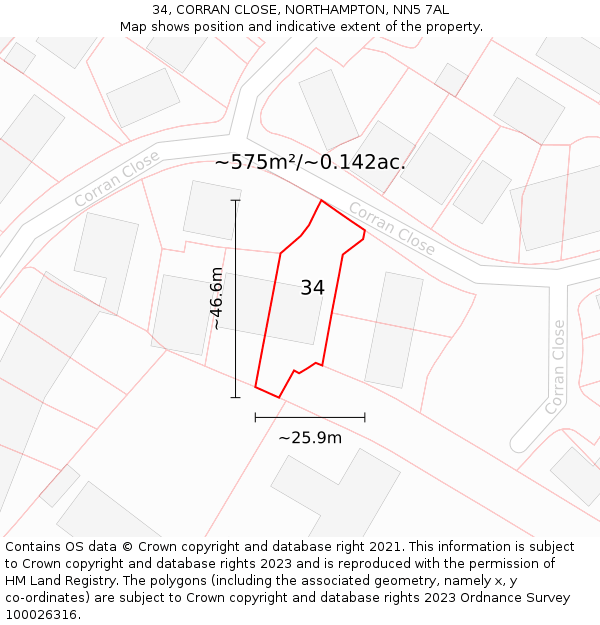 34, CORRAN CLOSE, NORTHAMPTON, NN5 7AL: Plot and title map