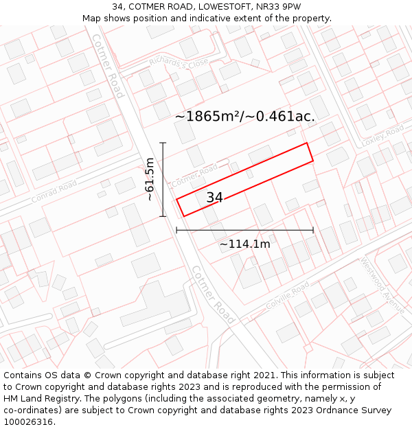 34, COTMER ROAD, LOWESTOFT, NR33 9PW: Plot and title map