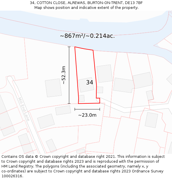 34, COTTON CLOSE, ALREWAS, BURTON-ON-TRENT, DE13 7BF: Plot and title map