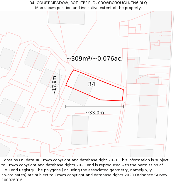 34, COURT MEADOW, ROTHERFIELD, CROWBOROUGH, TN6 3LQ: Plot and title map