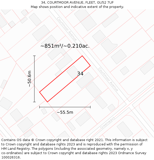 34, COURTMOOR AVENUE, FLEET, GU52 7UF: Plot and title map