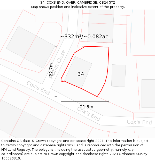 34, COXS END, OVER, CAMBRIDGE, CB24 5TZ: Plot and title map