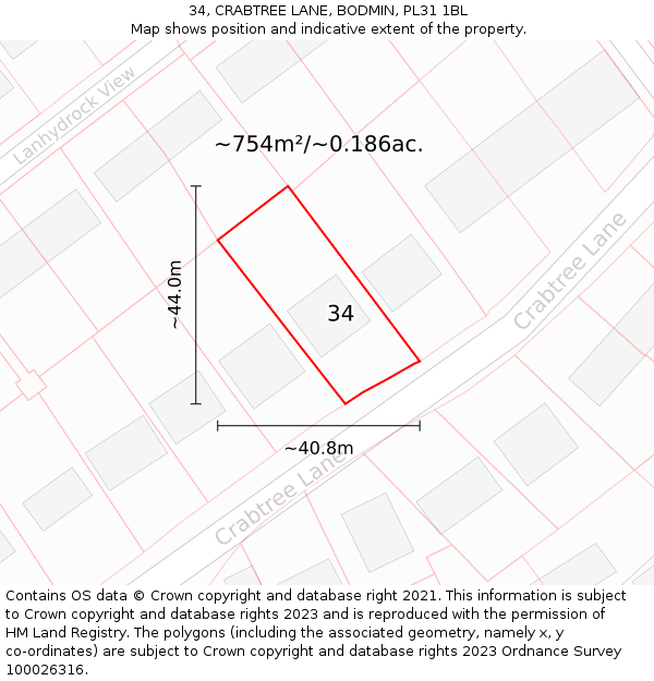 34, CRABTREE LANE, BODMIN, PL31 1BL: Plot and title map