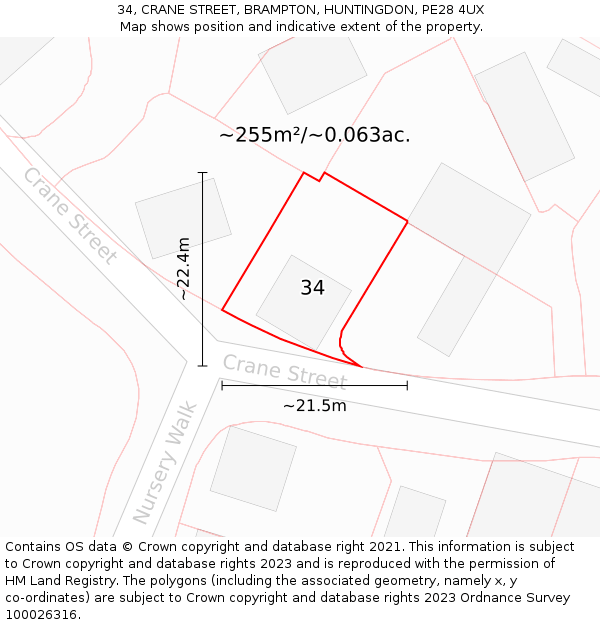 34, CRANE STREET, BRAMPTON, HUNTINGDON, PE28 4UX: Plot and title map