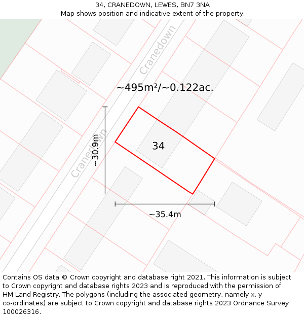 34, CRANEDOWN, LEWES, BN7 3NA: Plot and title map