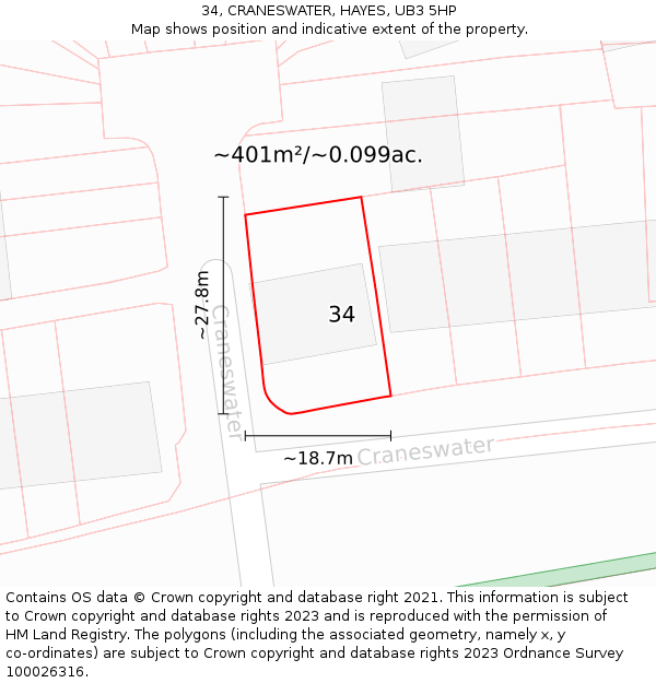 34, CRANESWATER, HAYES, UB3 5HP: Plot and title map