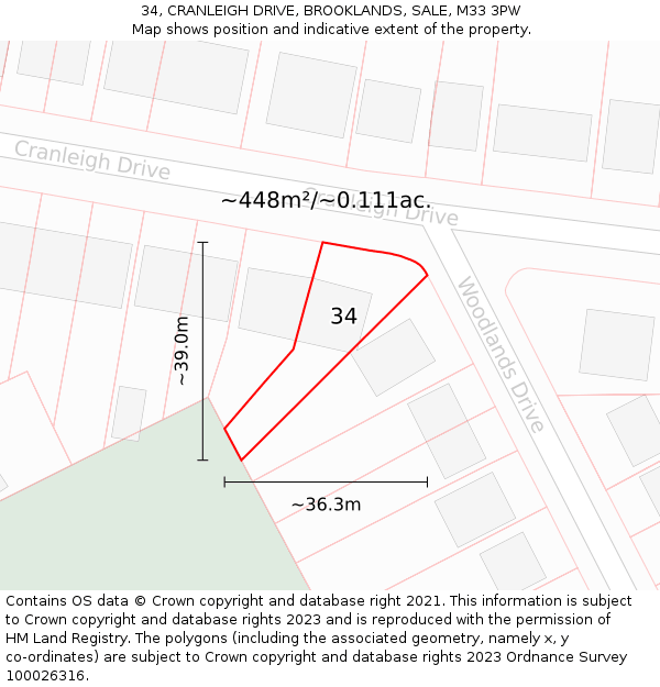 34, CRANLEIGH DRIVE, BROOKLANDS, SALE, M33 3PW: Plot and title map