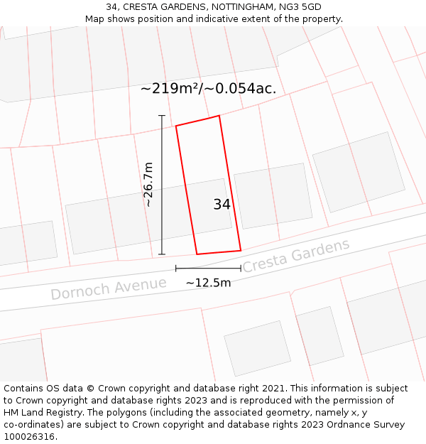 34, CRESTA GARDENS, NOTTINGHAM, NG3 5GD: Plot and title map