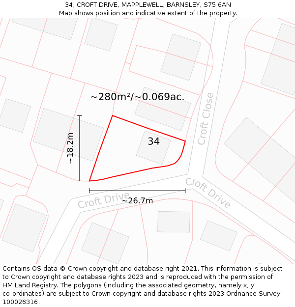 34, CROFT DRIVE, MAPPLEWELL, BARNSLEY, S75 6AN: Plot and title map