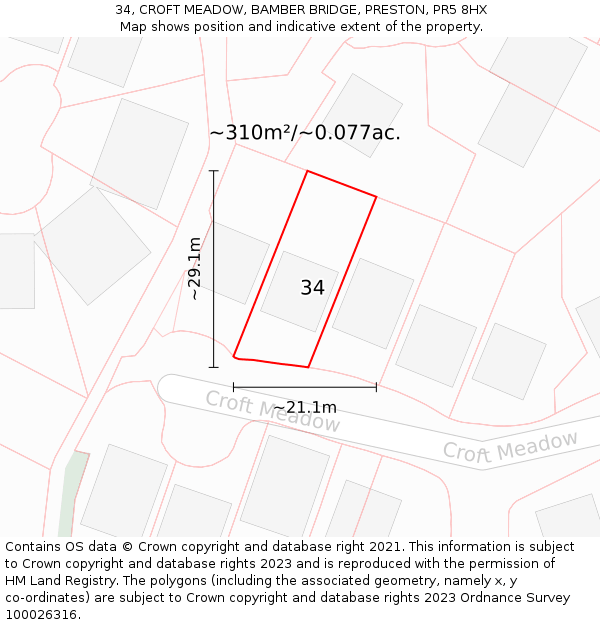34, CROFT MEADOW, BAMBER BRIDGE, PRESTON, PR5 8HX: Plot and title map