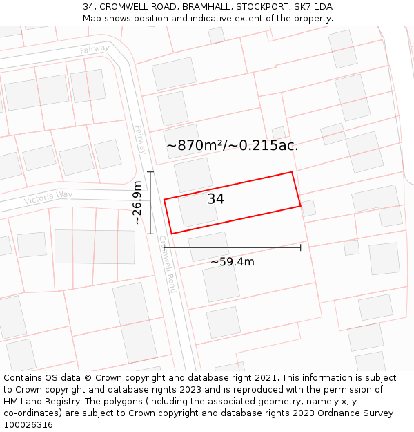 34, CROMWELL ROAD, BRAMHALL, STOCKPORT, SK7 1DA: Plot and title map