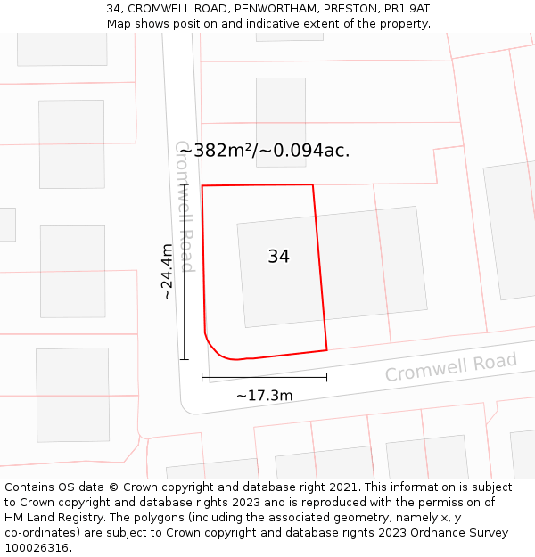 34, CROMWELL ROAD, PENWORTHAM, PRESTON, PR1 9AT: Plot and title map