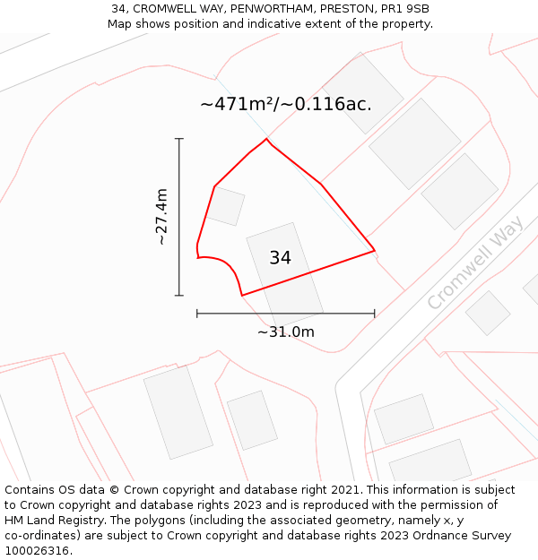 34, CROMWELL WAY, PENWORTHAM, PRESTON, PR1 9SB: Plot and title map