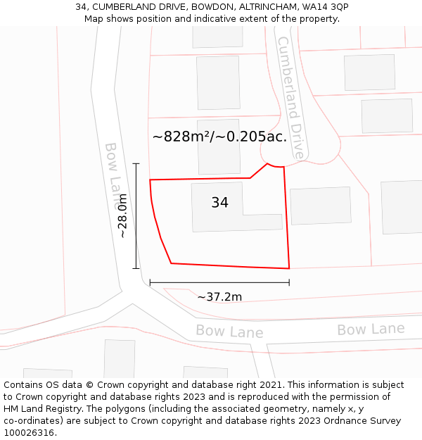 34, CUMBERLAND DRIVE, BOWDON, ALTRINCHAM, WA14 3QP: Plot and title map